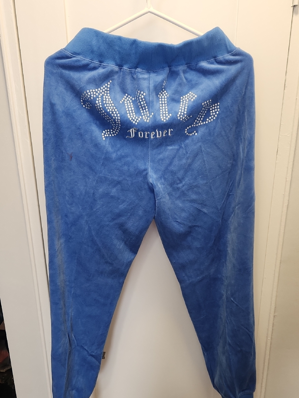Juicy Couture Blue Velour Joggers with Rhinestone 'Juicy Forever' Back Logo